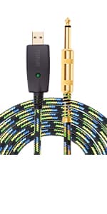 YESPURE USB Guitar Cable 10Ft,USB Guitar Interface Male to 6.35mm 1/4 inch Gold-Plated TS Mono Plug,Nylon Braid Recording Cable Compatible with Windows Mac OS for Guitar,Bass,Microphones,and More