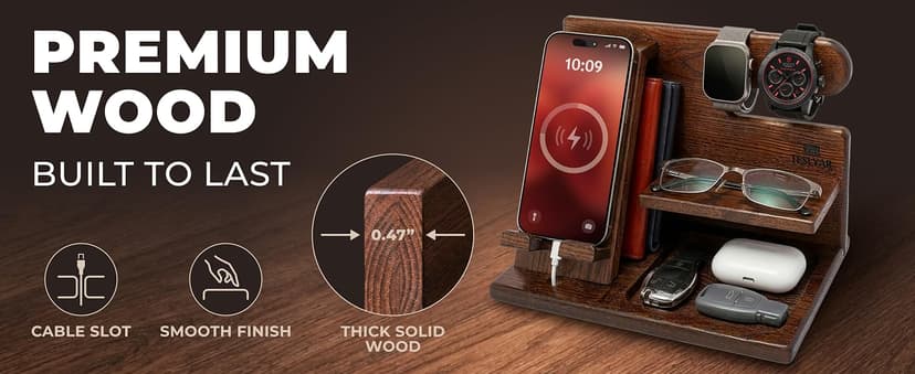TESLYAR Wood Phone Docking Station for Men - Desktop or Nightstand Organizer - Birthday Gifts for Men, Dad - Anniversary Idea from Wife - Key Holder, Stand Wallet, Watch & Essentials (Bourbon Brown)