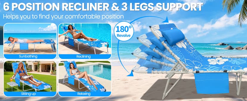 KingSom Sun Tanning Chair with Face Hole,Beach Lounge Chair with Folding Side Table,6-Position Recliner Chaise Lounge Chair,Pool Lounge Chair Outdoor Lay Flat with Pillow & Pocket,Max 350lbs-White