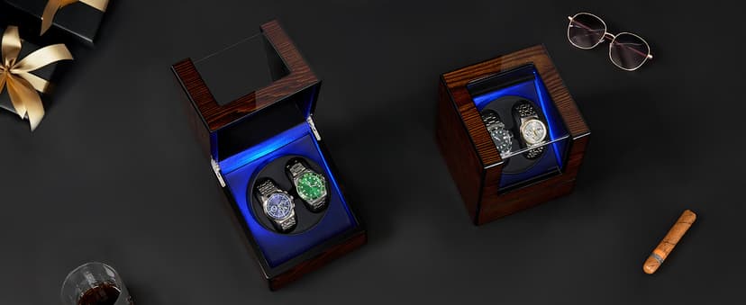 BEWISHOME BEWISHOME Watch Winder for Automatic Watches, Automatic Watch Winder Box Watch Spinner with LED Light, Double Watch Winder with Quiet Motor Wooden 4 Modes Battery or Type-C Adapter, Brown SYQ02Y