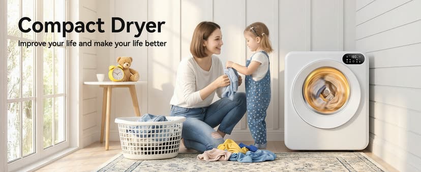 Euhomy 1.5 Cu.Ft Portable Clothes Dryer, 850W Clothes Dryer with Stainless Steel Drum, 4 Functions, LED Control, Drying Machine for Apartments, Laundry, Dorm, Small Space, White