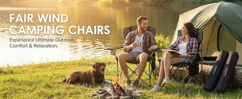 FAIR WIND 2 Pack Fully Padded Oversized Camping Chair Heavy Duty Lawn Chair Set with Adjustable Lumbar Support, Cooler Bag & Cup Holder for Camp, Outdoor,Sports - Support 500LBS