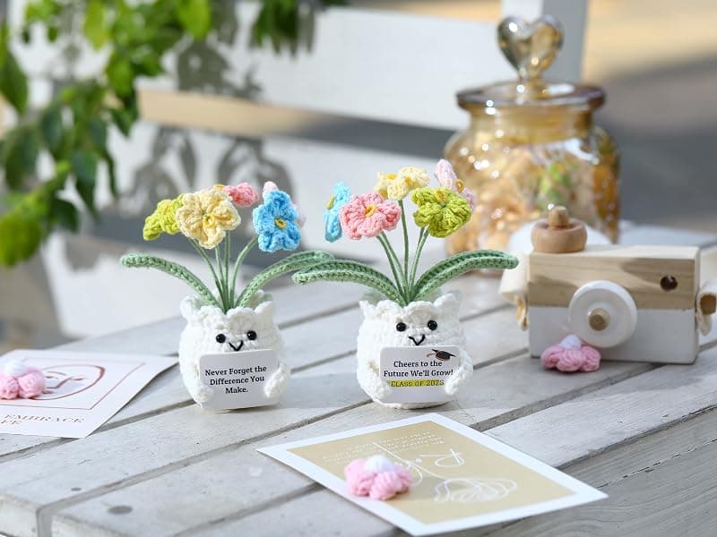 Cute Gifts for Women, Boss Day, Teacher Appreciation, Coworker & Nurse Thank You Gift, Desk Decor, 4.7 In H × 2.4 In W Forget-Me-Not Crochet Flower Potted Plant Gift B0F26ST99P