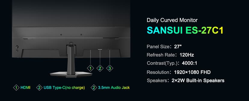 SANSUI Curved Monitor 27 inch 120Hz USB Type-C Computer Monitor with Speakers Built in丨FHD 1080p丨HDR丨110% sRGB丨1500R丨VESA Compatible,for Tablet,Desktop,Laptop and PC Work Gaming