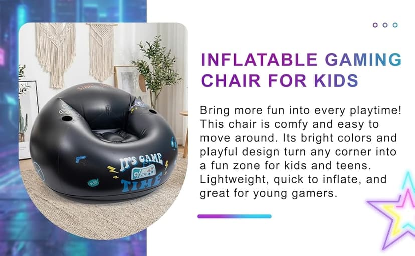 Inflatable Gaming Chair for Kids and Teens with Cup Holders and Side Pocket, Blow Up Bean Bag Gaming Chair for Boys, Comfortable Inflatable Lounge Seat for Gamer Room Decor and Boys Room Furniture