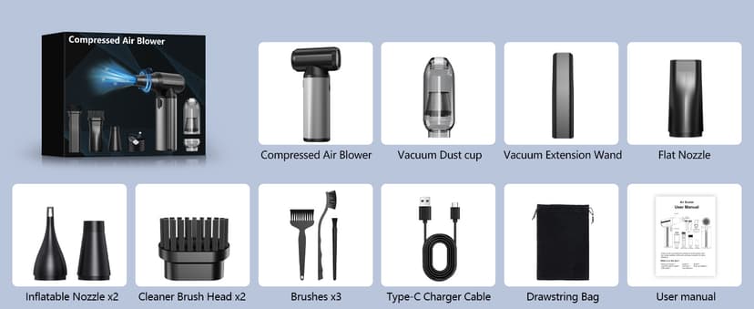 Compressed Air Duster, 2-in-1 Duster Blower & Vacuum with 320000RPM Super Power, Electric Air Duster Rechargeable, 3-Gear Adjustable Air Blower for Keyboard, Computer, Car, Home, and Outdoor Cleaning