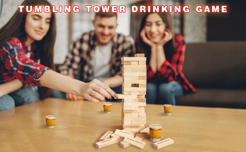 ArtCreativity Tumbling Tower Drinking Games for Adults, with 4 Glasses and 48 Wooden Blocks with Challenges, Fun House Adult Party Games for Game Night, Great Gift Idea for Everyone