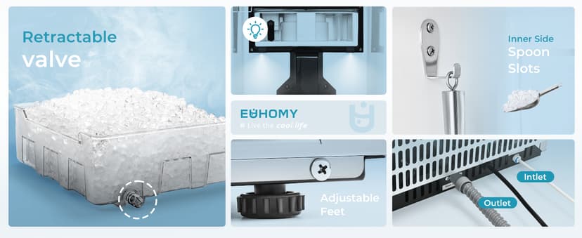 EUHOMY Under Counter Nugget Ice Maker Machine, 66Lbs/Day, Bulit-in Freestanding Ice Maker with Gravity Drainage, Self-Cleaning & 24H Timer Ice Machine, for Home Use(Silver)