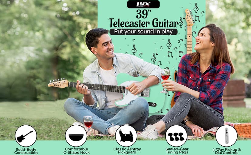 LyxPro 39” Electric Guitar Left Hand TL Series, Full-Size Paulownia Wood Body, 3-Ply Pickguard, C-Shape Neck, Ashtray Bridge, Quality Gear Tuners, 3-Way Switch & Volume/Tone Controls, 2 Picks, Green