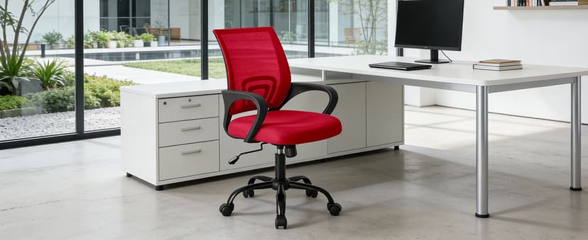DUMOS Home Office Chair - Ergonomic Mid Back Mesh Desk Chair with Lumbar Support & Rocking Mode, Height Adjustable with Fixed Armrest, for Computer, Gaming, Meeting, 360° Swivel, Red