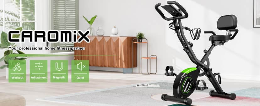 Caromix Folding Exercise Bike, 5 in 1 Stationary Bike with 16-Level Adjustable Magnetic Resistance, 330LB Capacity Indoor Workout Bike, Foldable Exercise Bike for Seniors and Adult