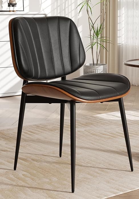 Dining Chairs Set of 2, Mid Century Modern Dining Room Chair with Thick Cushion, Upholstered Faux Leather Kitchen Chairs with Walnut Bentwood Back for Kitchen Dining Room, Beige