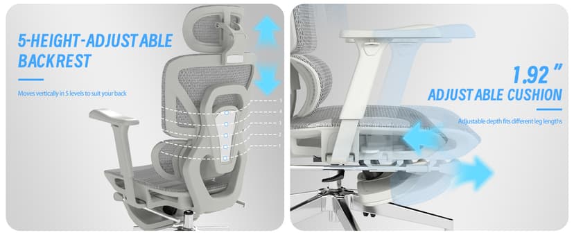 Ergonomic Office Chair with Footrest, High Back Mesh Computer Chair with Lumbar Support, 5-Level Backrest Height, 4D Flip-Up Arms for Home & Gaming Desk (Gray Mesh 3-Zone Lumbar Support+4D Armrest)