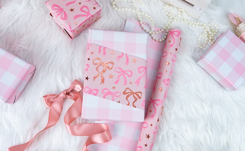 Reversible Plaid Gift Paper for Girl Baby Shower, Birthday, Wedding, Bridal Shower, Memorial Day, 17 Inch x 33 Feet MAYPLUSS Pink Wrapping Paper Roll, Cute Bow Gift Wrap B0DXV62X5W
