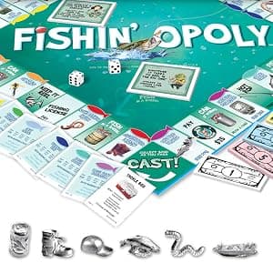 Funny property trading game for families and anglers Features quick or classic play modes and durable metal-style tokens Late for the Sky Fishin'-Opoly Board Game, 2-6 Players Strategy Fishing B000HI1QPI