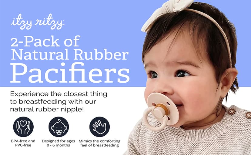 Itzy Ritzy Natural Rubber Newborn Pacifiers (Set of 2) – Baby Pacifiers with Cherry-Shaped Nipple & Large Air Holes for Added Safety; Set of 2 Binkies in Coconut & Toast (Ages 0 – 6 Months)