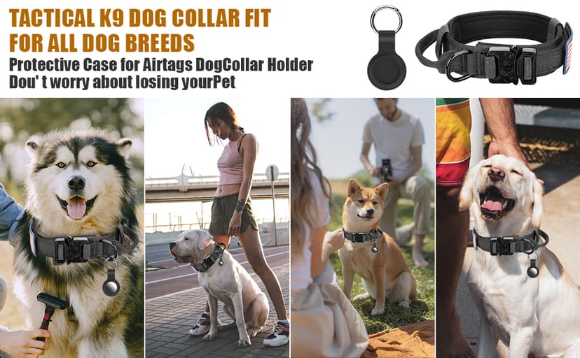 Tactical Dog Collar and Bungee Leash,Military Dog Collar & Leash Set with USA American Flag Adjustable K9 Collar with Heavy Duty Metal Buckle & Handle,with Patches and Airtags Case (L, Black)