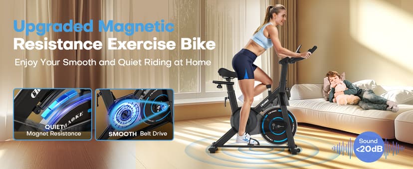 CHAOKE Exercise Bike, Quiet Adjustable Magnetic Stationary Bike for Home Cardio with App Compatible, 350LB Weight Capacity Indoor Cycling Bike with Large Seat, Dumbbell Rack, Pull Cords & LCD Display