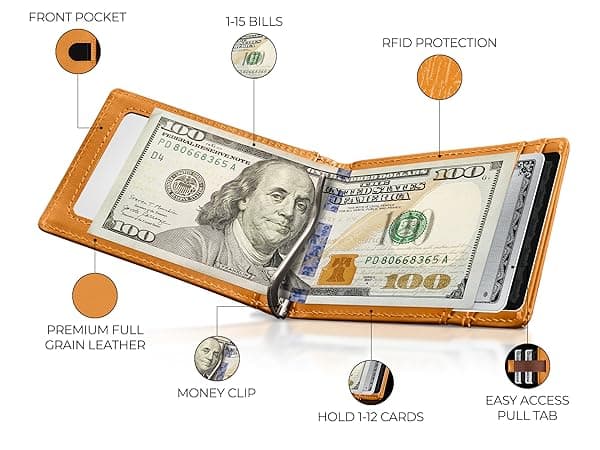 Kingly Cash Clip Slim Leather Wallet for Men with RFID Blocking & Money Clip - Minimalist Front Pocket Bifold Wallet Holds 12 Cards - Secure Card Holder with Easy Access Pull Tab