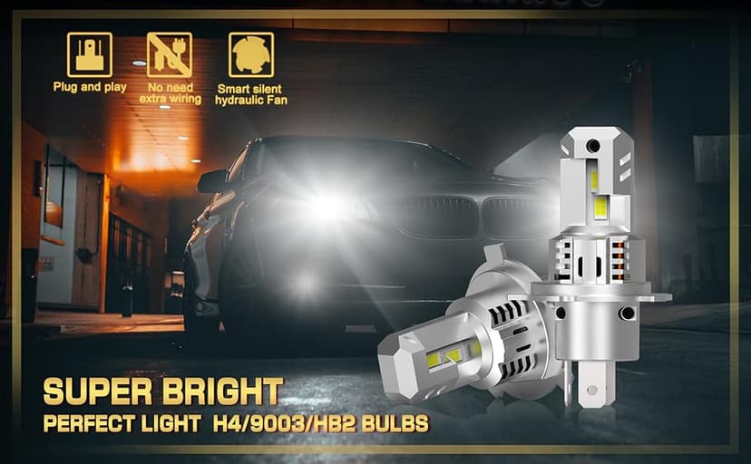 AHOBXD H4 Light Bulbs Hi/Low Beam Super Bright Upgraded 900% 85000LM Brightness 6500K White H4/9003 Bulbs 1:1 Halogen Size Cooling Fan Plug and Play Fog Light Direct Fit Pack of 2