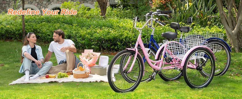 MOONCOOL Adult Tricycles 3 Wheel 7 Speed Trikes, 20/24/26 inch Adult Trikes 3 Wheeled Bike with Basket for Seniors, Women, Men