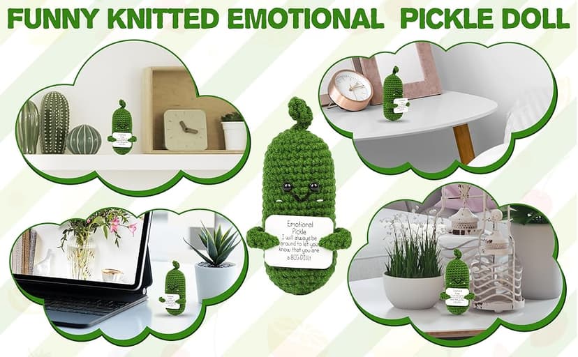 Hoedia Handmade Emotional Pickle Gift, Cucumber Crochet Doll Inspirational Gifts with Cards, Cute Knitted Funny Support Potato Friend Birthday Mothers Day Easter Basket Stuffers (Emotional Pickle)