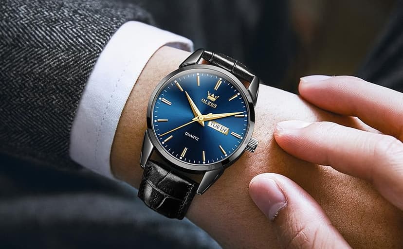 QBAIZI Men's Casual Leather Watch, Easy to Read Three-Hand Analog Stainless Steel Watches for Men, Minimalist Day Date Waterproof Luminous Mens Quartz Wristwatch