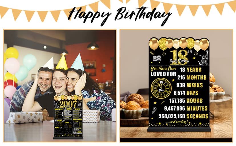 Black Gold 18th Birthday Decorations Gifts for Men Women, Two-Sided Vintage 18 Back in 2007 Theme Poster Wooden Table Sign with Stand, Eighteen Years Old Bday Centerpieces Holder for Table Decor