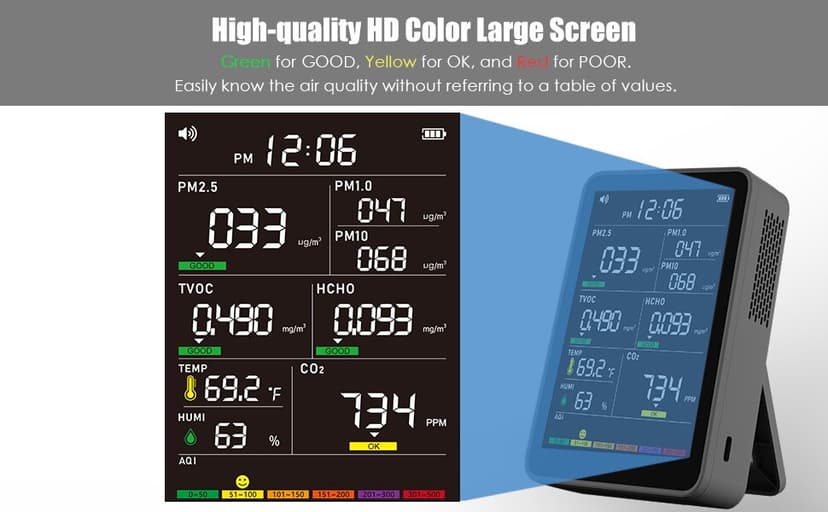 Professional Indoor Air Quality Monitor with AQI Alerts, Portable Real-Time Detector for Home, Car, Plants & Pet (Advanced Black)
