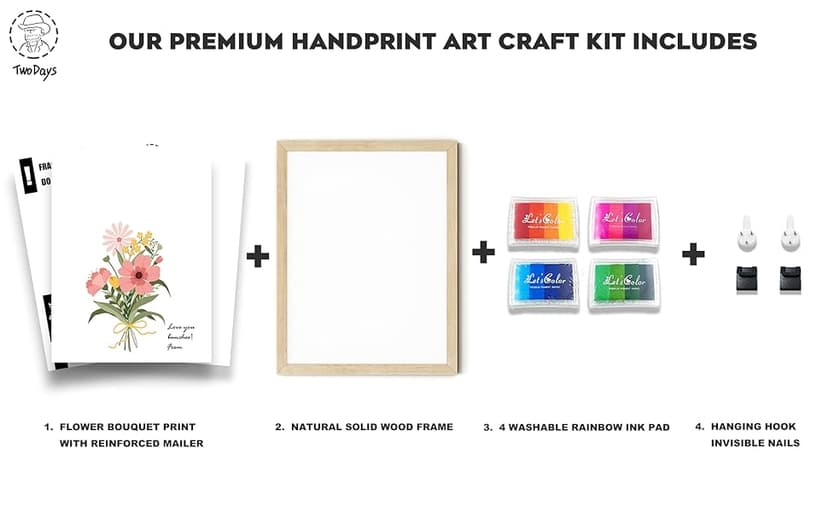 TwoDays Flower Bouquet Handprint Art Craft DIY Kit, Unique Gifts for Mom from Daughter or Son for Mother's Day Birthday Christmas, Gift for Grandma.(12" X 16", with Wood Frame)