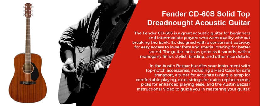 Fender CD-60S Solid Top Dreadnought Acoustic Guitar - All Mahogany Bundle with Hard Case, Tuner, Strap, Strings, Picks, and Austin Bazaar Instructional DVD