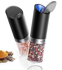 Sangcon Gravity Electric Salt and Pepper Grinder Set Automatic Shakers Mill Grinder with LED Light, BATTERY POWERED Adjustable Coarseness One Hand Operation, Upgraded Larger Capacity