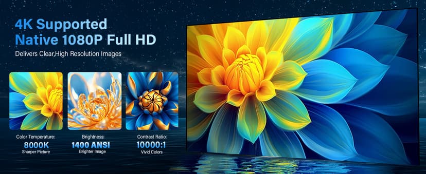 【Built-in Apps】Projector 1080P Full HD, 4K Projector with 270° Rotation,Portable Projector WiFi 6 & Bluetooth 5.2 Support,Featuring Auto Keystone Correction,HDMI/USB Connectivity Projector Black