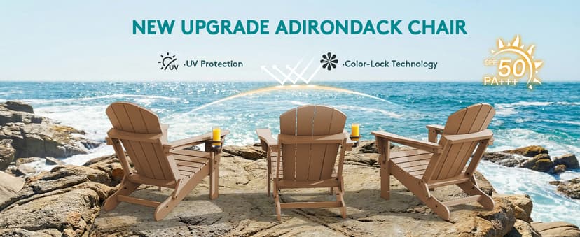 SERWALL Folding Adirondack Chair Set of 2 Outdoor Chairs Painted Adirondack Chair with Cup Holder Weather Resistant for Patio Deck Garden, Backyard Deck, Fire Pit- Brown