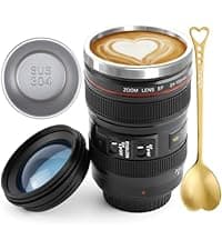 Camera Lens Coffee Mug with Slider Lid and Spoon– Realistic DSLR Thermos Cup, Novelty Gift for Photographers, Men & Women