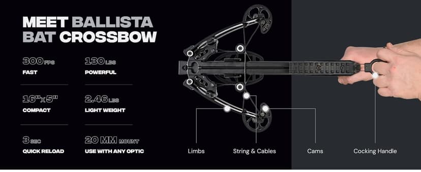 BALLISTA BAT Compound Mini Crossbow - Small Crossbow for Hunting, Fishing and Target - 300 FPS, 130 Lbs, 2.46 lbs