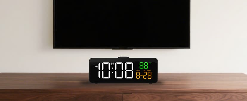 Netzu 3-in-1 Digital Clocks for Living Room with Temperature, Date & Time Display - 4 Levels Birghtness, 3 Volumes, Small & Compact Plug-in Alarm Clock for Bedroom, Office (Black)