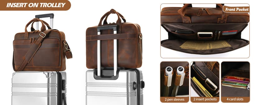 Jack&Chris Full Grain Leather Briefcase for Men, Business Messenger Bag Laptop Bag Attache Case, Fits 15.6 Inch Laptop