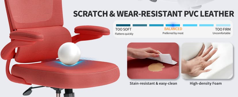 TRALT Ergonomic Office Chair - Desk Chair with Wave High Back Adjustable Lumbar Support Computer Chair - Gaming Chairs Mesh Backrest and PU Leather Seat (RED)