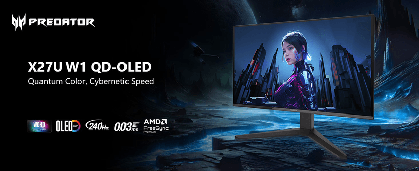 Acer Predator Gaming Monitor | 26.5" WQHD 2560x1440 QD-OLED | AMD FreeSync Premium | 240Hz | 0.03ms | Tilt, Height Adjustment, Pivot & Swivel | DCI-P3 99% | 2 x DP 1.4 & 2 x HDMI 2.1 | X27U W1bmiipprx
