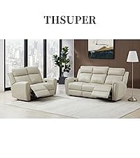 THSUPER Black Leather Power Recliner Sofa Loveseat Sets with Arm Storage and Power Headrest, Leather Living Room Reclining Sofa and Loveseat Set with Cup Holders and Bluetooth Speaker. | Breathable material, LED ambient light, Reading light, Hidden outlet, USB and Type-C port