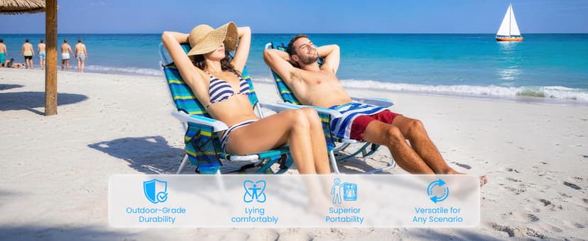 2 Pack Lightweight Portable Camping Beach Chair for Adults, Outdoor Lay Flat Folding Beach Chairs with 5 Positions, Backpack Beach Chair with Towel Bar, Zipper Pouch, Cup Holder, Ocean Striped