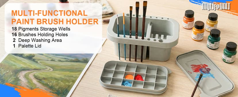18 mixing wells, 16 slots fitting 0.24-0.63 in diameters, 3 washing compartments, removable tray lid MyLifeUNIT Paint Brush Cleaner, Paint Brush Holder with Palette, Grey B01H5JIU14