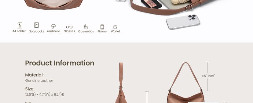 befen Genuine Leather Crossbody Hobo Purses for Women, Ladies Shoulder Bags Handbags with 2 Shoulder Straps