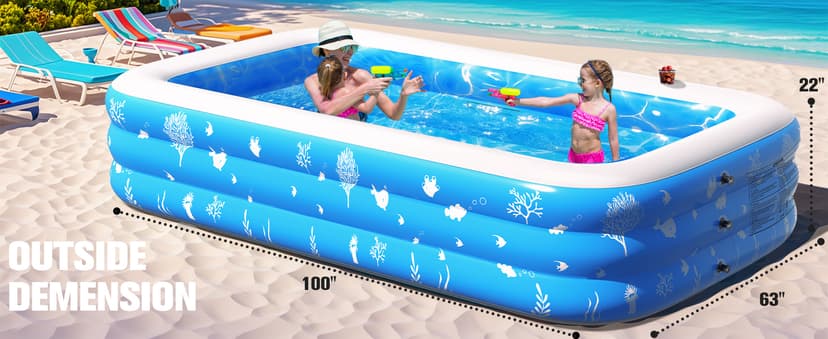 Inflatable Pool with Seat and Pool Lights, Durable Thickened Large Size Inflatable Pools for Adults Blow Up Pools,100" x 63" x 22"Swimming Inflatable PooI for Backyard,Outdoor (White)
