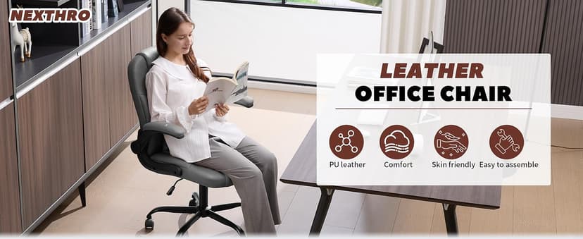 Executive Office Chair PU,Leather Office Chair with Wheels,360° Swivel Rolling Chair with Padded Arms,Ergonomic Computer Chair with Lumbar Support for Short People Use (Grey)