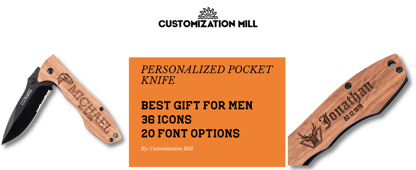 Gifts for Men, Personalized Engraved Oak Wood Pocket Knife - 36 Icons, 20 Stylish Font - Custom Pocket Knives