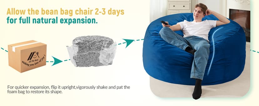 Homguava 3FT Bean Bag Chair: 3' Bean Bags with Memory Foam Filled, Large Beanbag Chairs Soft Sofa with Dutch Velvet Cover-Blue
