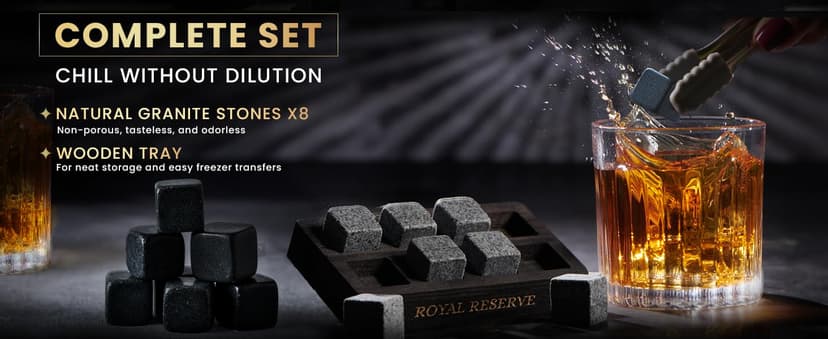 Whiskey Stones Gift Set by Royal Reserve – Artisan Crafted Reusable Chilling Rocks for Scotch Bourbon – Stocking Stuffer for Men - Whiskey Gifts for Husband Guy Dad Boyfriend