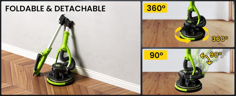 WorkBless Drywall Sander, 1050W 7.2A Popcorn Ceiling Removal Tool, Automatic Drywall Sander with Vacuum Dust Collector, 7 Variable Speed 1000-2100RPM, 15Pcs Sanding Discs(Green)